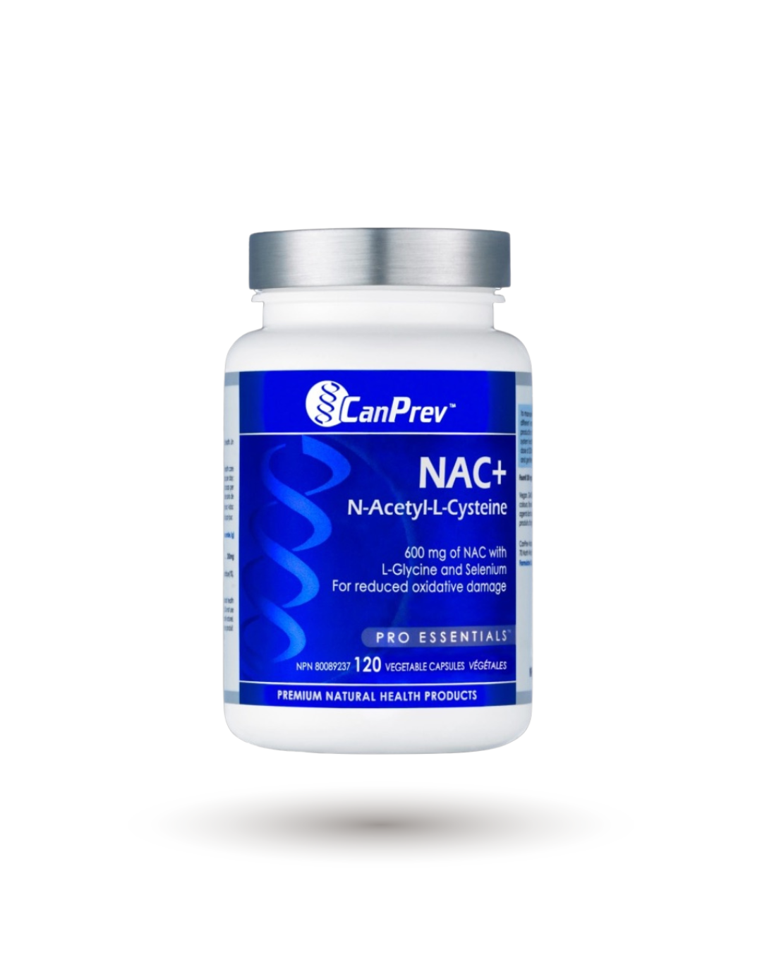 CanPrev NAC+ Oxidative Stress Defense supplement bottle with 600mg N-Acetyl-L-Cysteine, L-Glycine, and Selenium for antioxidant support.