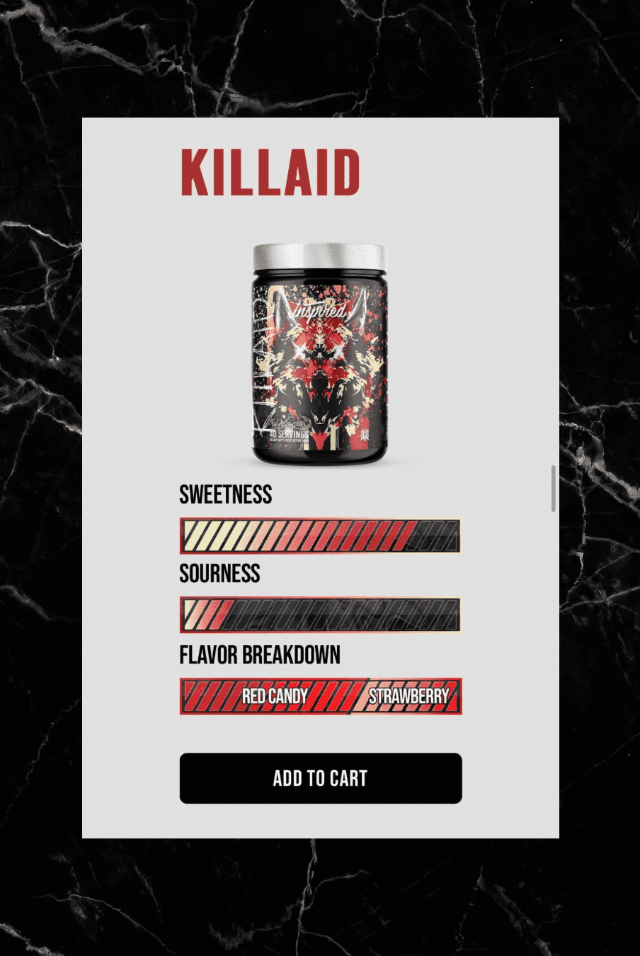 KILLAID flavor profile for INSPIRED DVST8 Dark Pre Workout, featuring red candy and strawberry with bold sweetness and mild sourness.