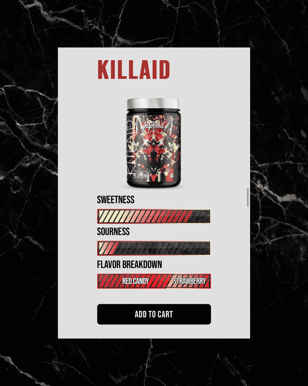 KILLAID flavor profile for INSPIRED DVST8 Dark Pre Workout, featuring red candy and strawberry with bold sweetness and mild sourness.