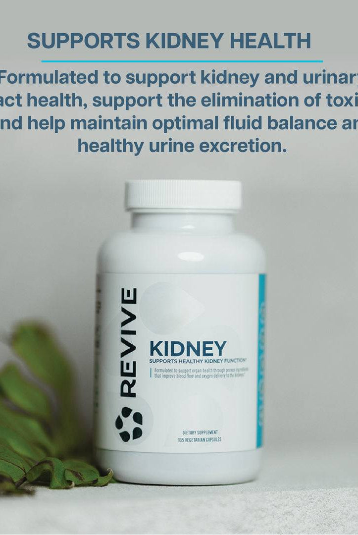 Revive Kidney Health Supplement bottle on a neutral background. Formulated to support urinary tract health and toxin elimination naturally.