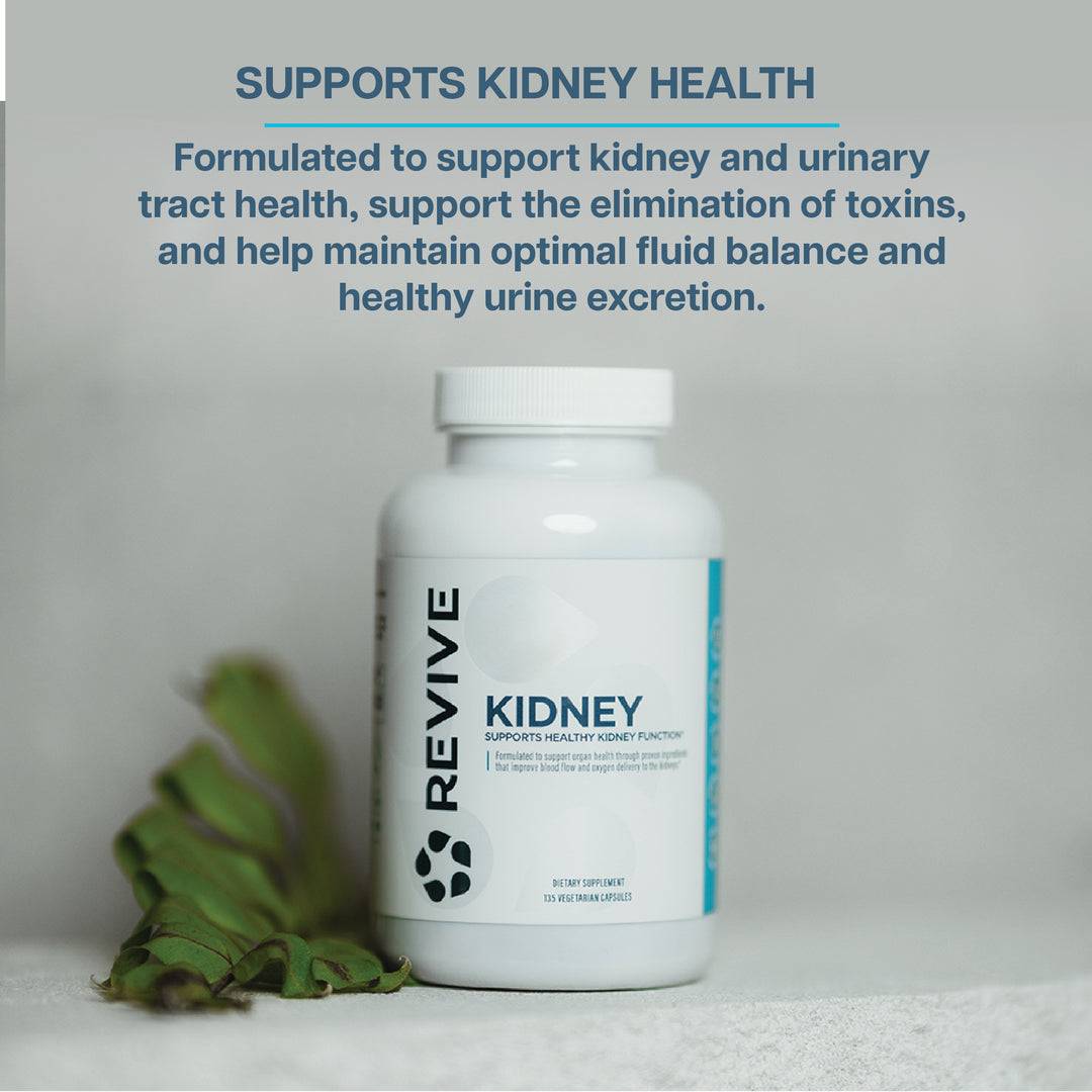 Revive Kidney Health Supplement bottle on a neutral background. Formulated to support urinary tract health and toxin elimination naturally.