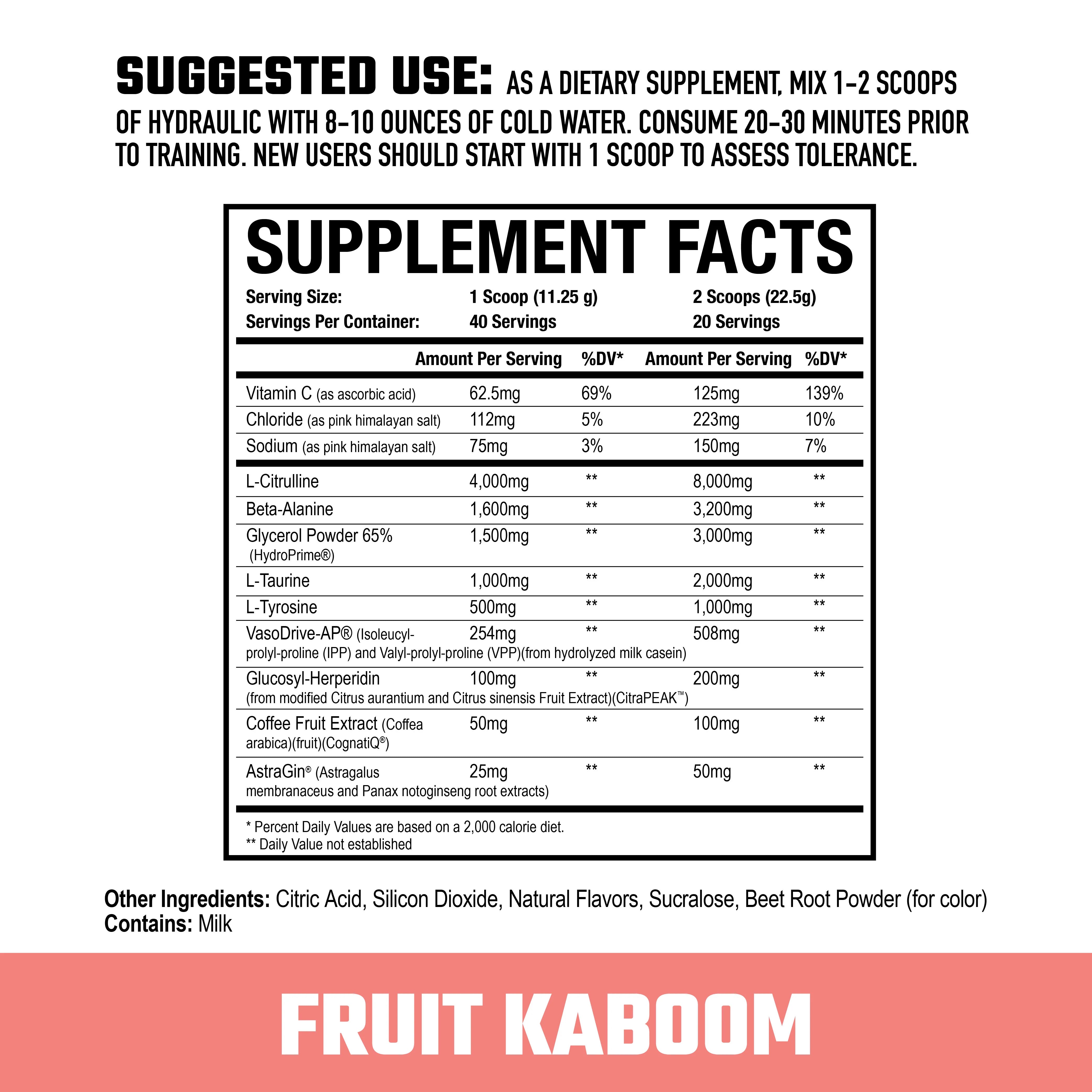 Fruit Kaboom flavor supplement facts for Axe Sledge Hydraulic V2 showing ingredients like Citrapeak and Hydroprime for pump support.