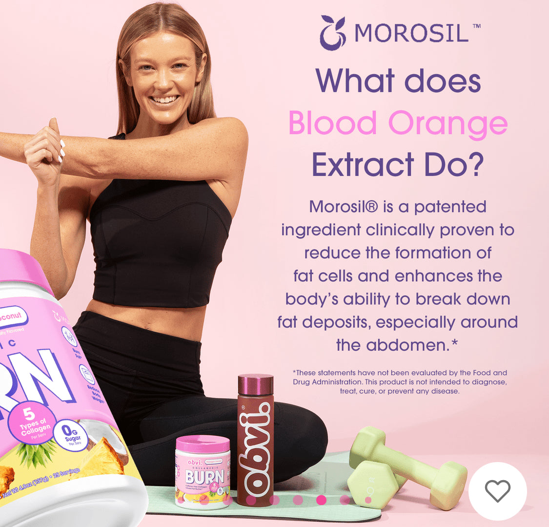 Fitness model promoting Obvi Collagenic Burn Powder with Morosil, a patented blood orange extract for fat breakdown and abdominal weight loss.