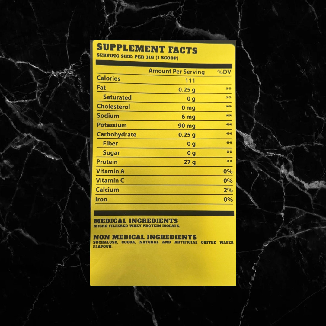 Supplement facts label for BulkBully Isolate Coffee Protein - Coffee Crispy showing 27g protein, 111 calories, and key vitamins per serving.