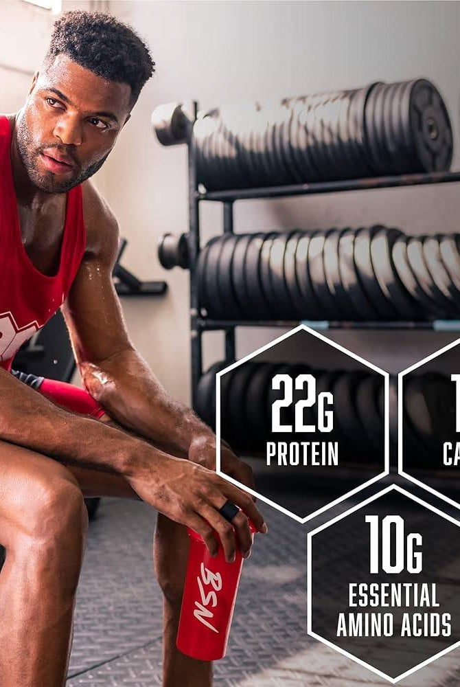Man in gym with BSN shaker, showcasing BSN SYNTHA-6 protein benefits: 22g protein, 190 calories, and 10g essential amino acids.