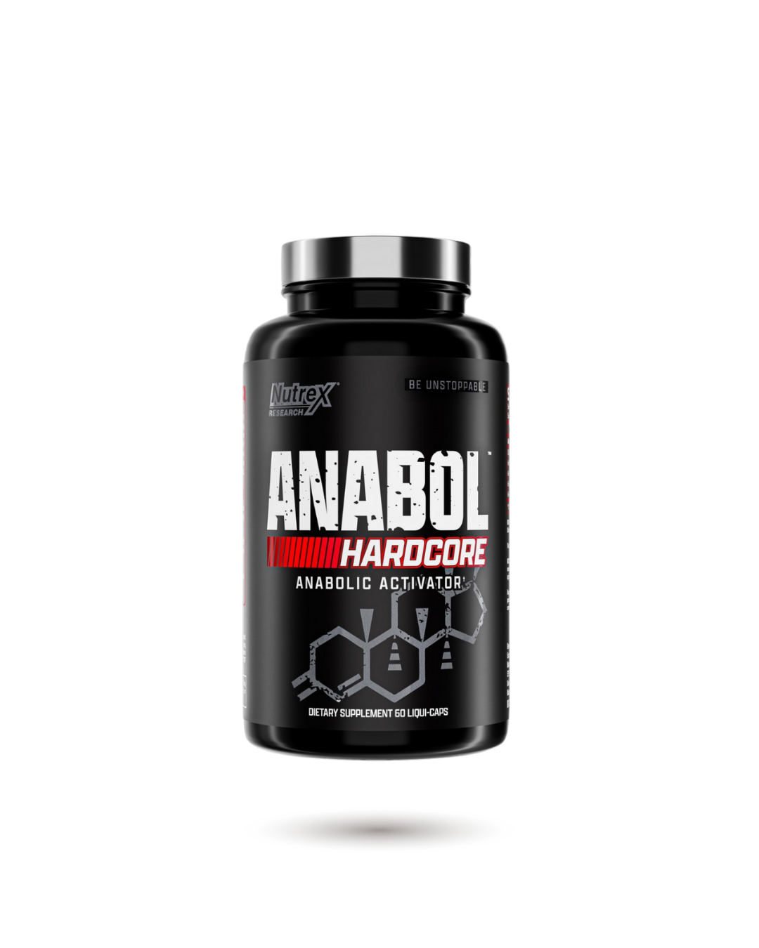 Nutrex Hardcore Anabol Supplement bottle front label featuring 60 servings for muscle growth. Anabolic activator ideal for fitness performance.