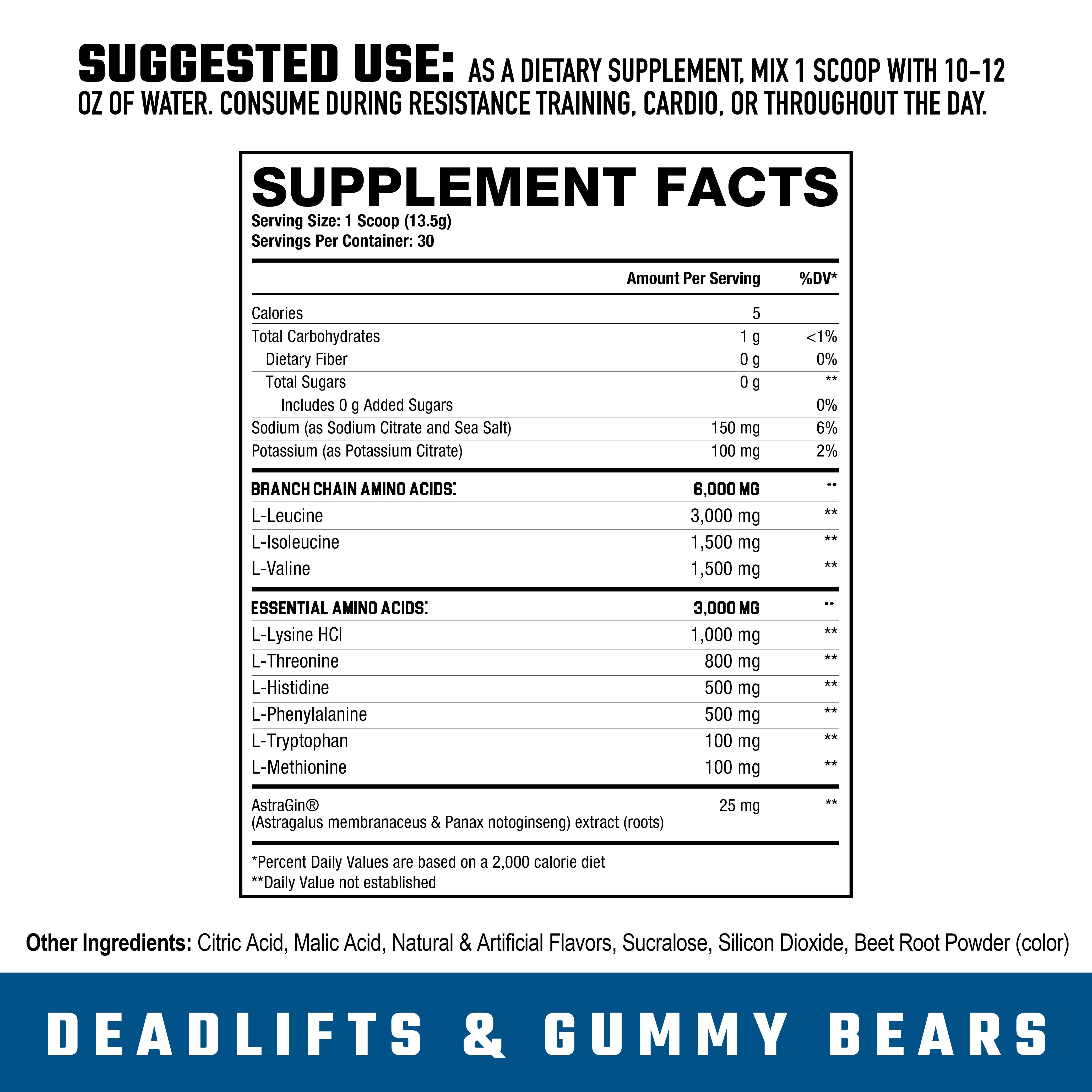 Supplement facts for Axe Sledge The Grind Deadlifts & Gummy Bears flavor. Detailed EAA, BCAA, and hydration blend for fitness support.