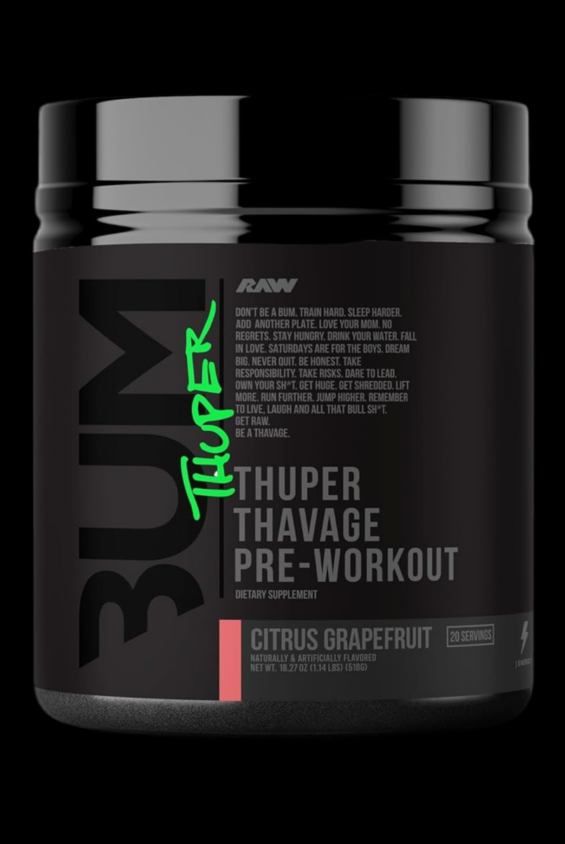 CBUM Thuper Thavage Pre Workout Citrus Grapefruit flavor for muscle gain and energy boost. Designed by Chris Bumstead with 25 servings.