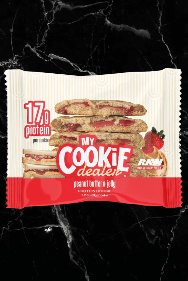 My Cookie Dealer 2oz Peanut Butter & Jelly protein cookie with 17g protein, a nutritious twist on a classic flavor for fitness-focused snacking.