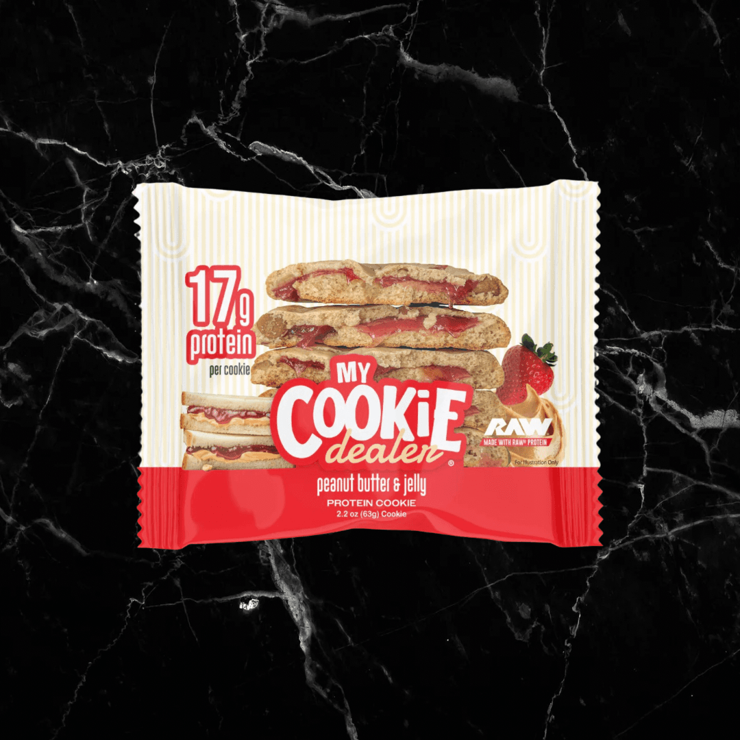 My Cookie Dealer 2oz Peanut Butter & Jelly protein cookie with 17g protein, a nutritious twist on a classic flavor for fitness-focused snacking.