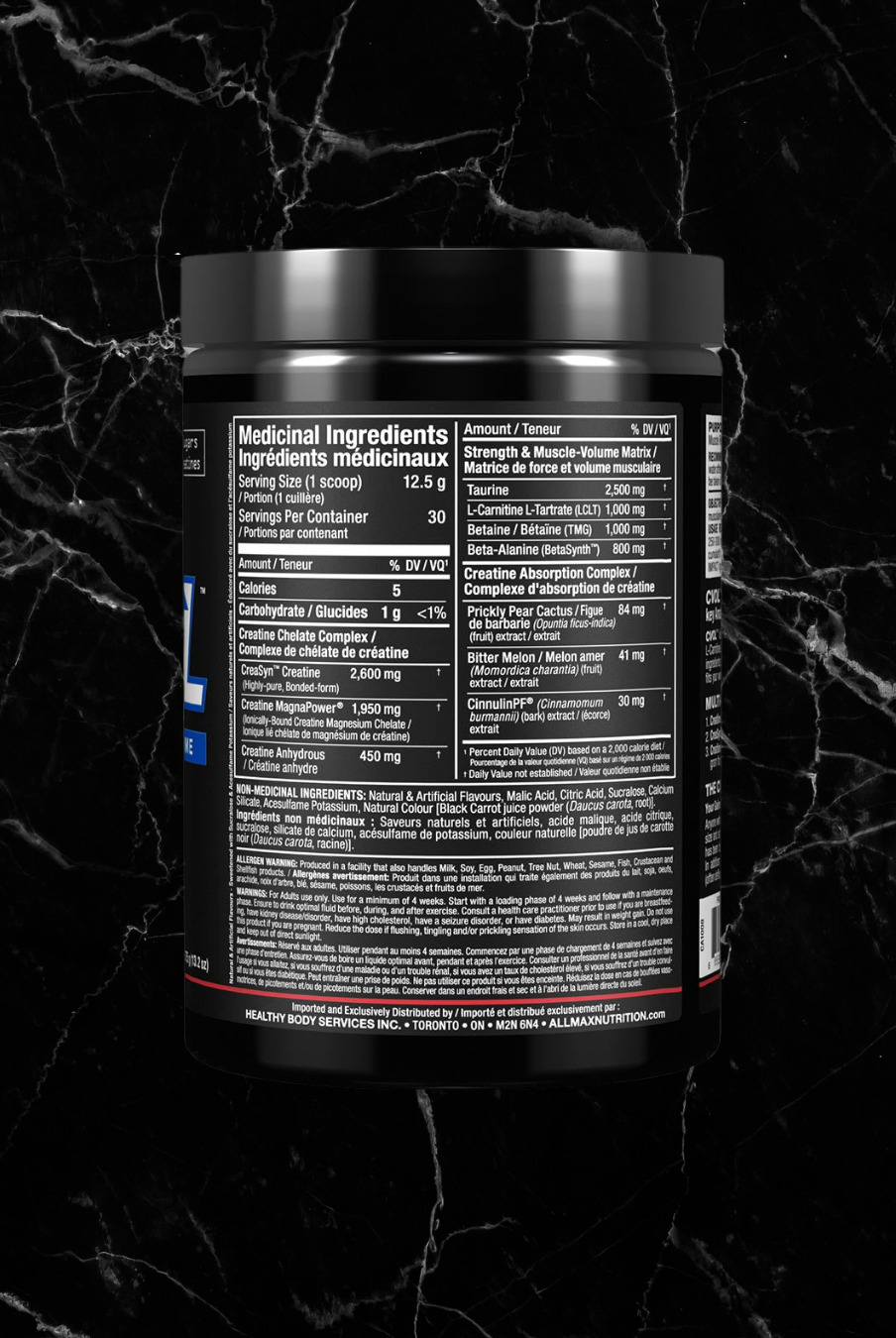 Supplement facts label of ALLMAX C:VOL Kiwi Kamikaze showing creatine, taurine, and beta-alanine content for post-workout muscle recovery support.
