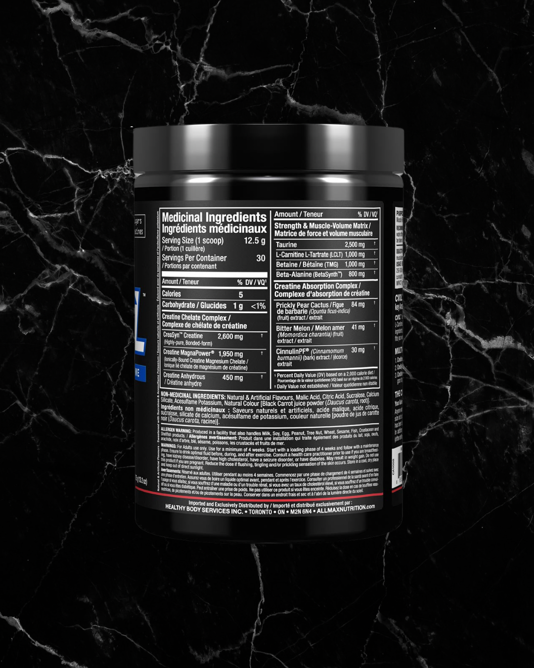 Supplement facts label of ALLMAX C:VOL Kiwi Kamikaze showing creatine, taurine, and beta-alanine content for post-workout muscle recovery support.
