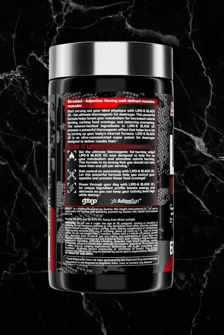 Side label of Nutrex Lipo6 BLACK Ultra with usage instructions and product benefits. Designed for advanced fat loss and muscle definition.