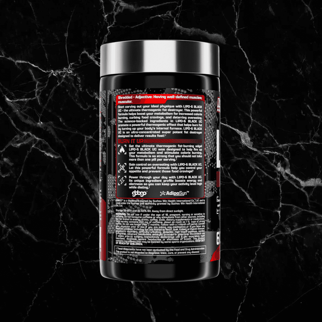 Side label of Nutrex Lipo6 BLACK Ultra with usage instructions and product benefits. Designed for advanced fat loss and muscle definition.