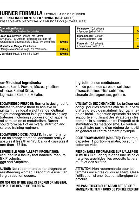 Supplement facts and ingredients label for Burner Metabolic Enhancer by Athletic Alliance. Details dosage, usage, and non-medicinal contents.