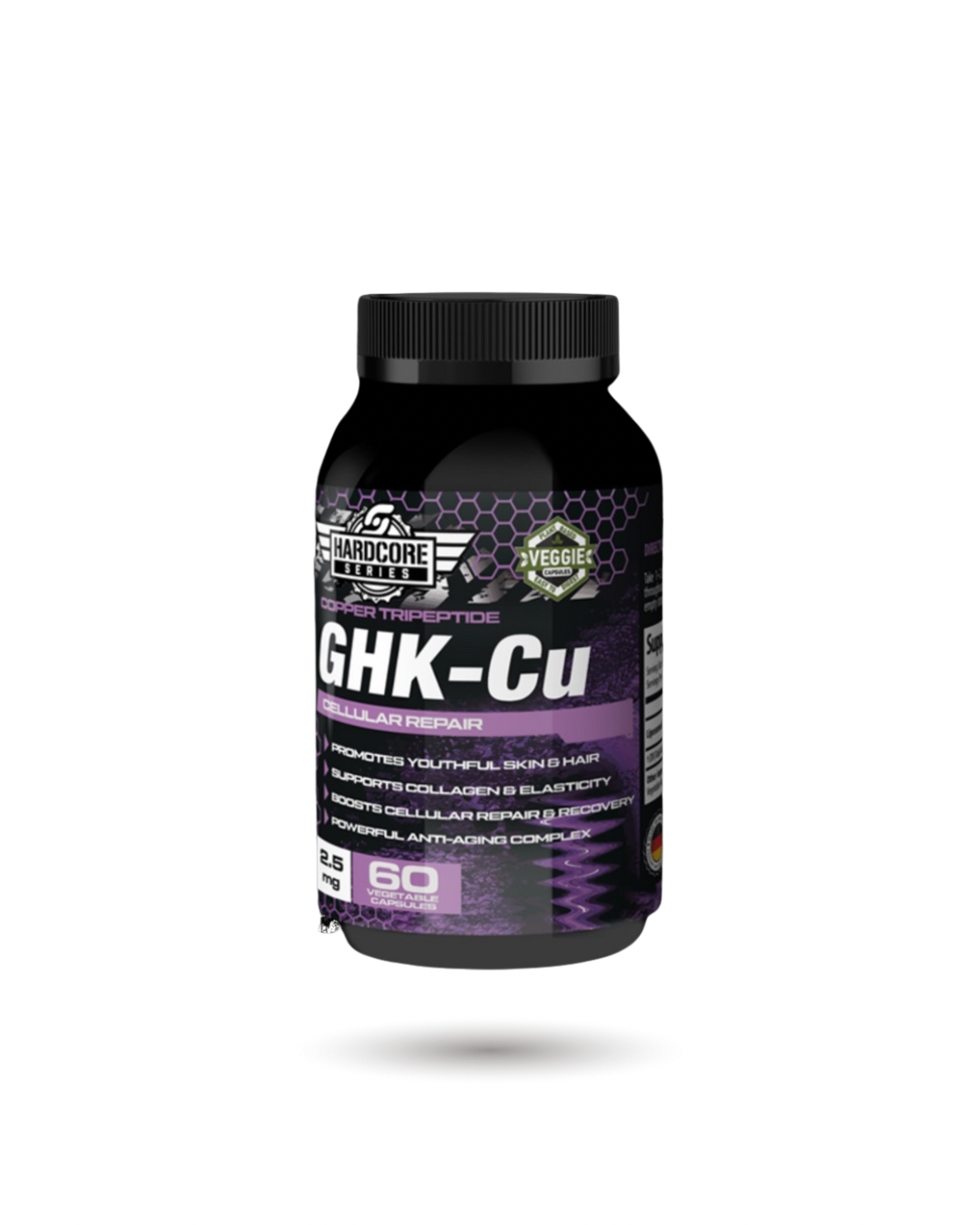 GHK-Cu Capsules by Savageline Labs in black bottle with purple label, promoting youthful skin and hair with anti-aging benefits.