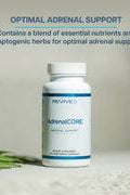 AdrenalCORE supplement bottle with herbs in background, highlighting adaptogenic formula for optimal adrenal support and vitality.