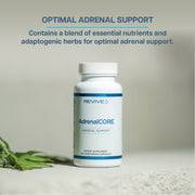 AdrenalCORE supplement bottle with herbs in background, highlighting adaptogenic formula for optimal adrenal support and vitality.