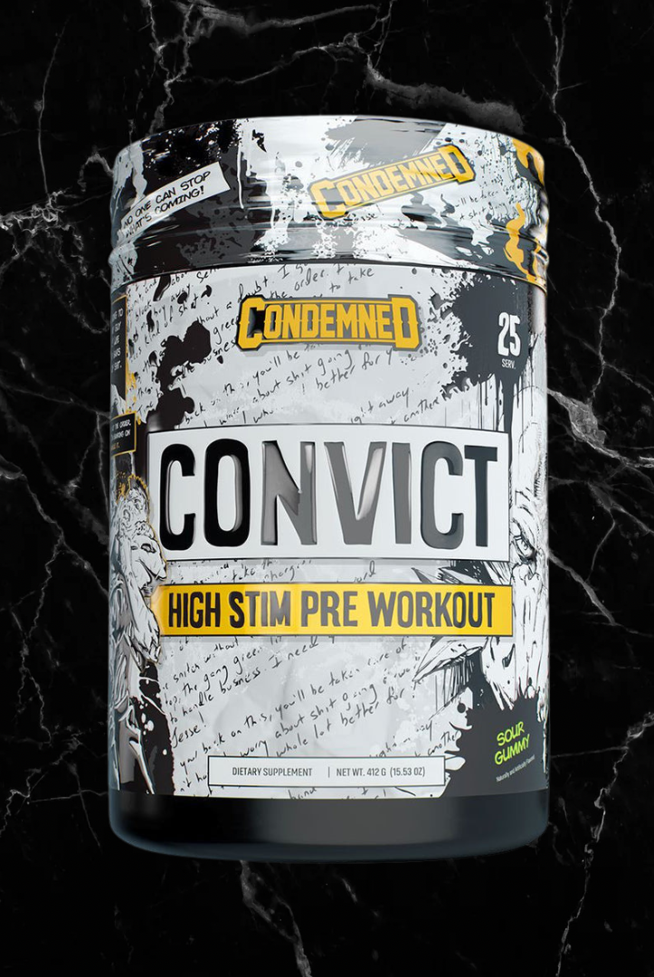 CONDEMNED Convict High Stim Pre Workout in Sour Gummy flavor, designed to enhance stamina and mental clarity for intense training sessions.