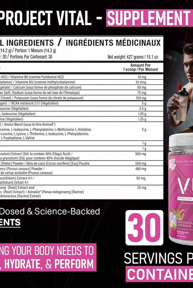 VNDL Project Vital supplement facts label highlighting clinically dosed EAA BCAA, vitamins, and electrolytes with 30 servings per container.