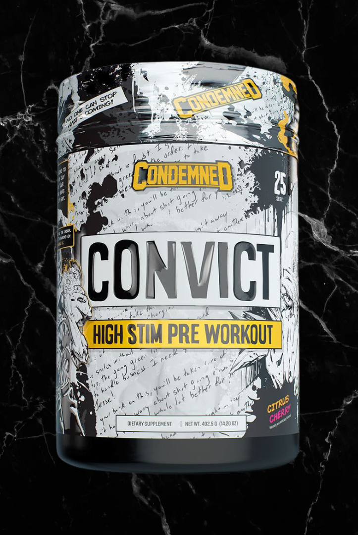 Citrus Cherry CONDEMNED Convict High Stim Pre Workout, powerful energy and focus supplement for fitness enthusiasts and bodybuilders.
