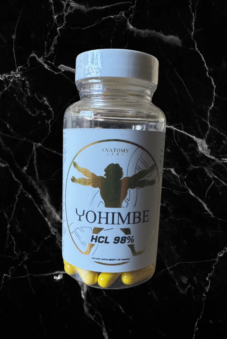 Anatomy Labs Yoh-HCL 98% supplement bottle with yellow capsules, promoting aphrodisiac and fat-burning benefits for fitness and health.