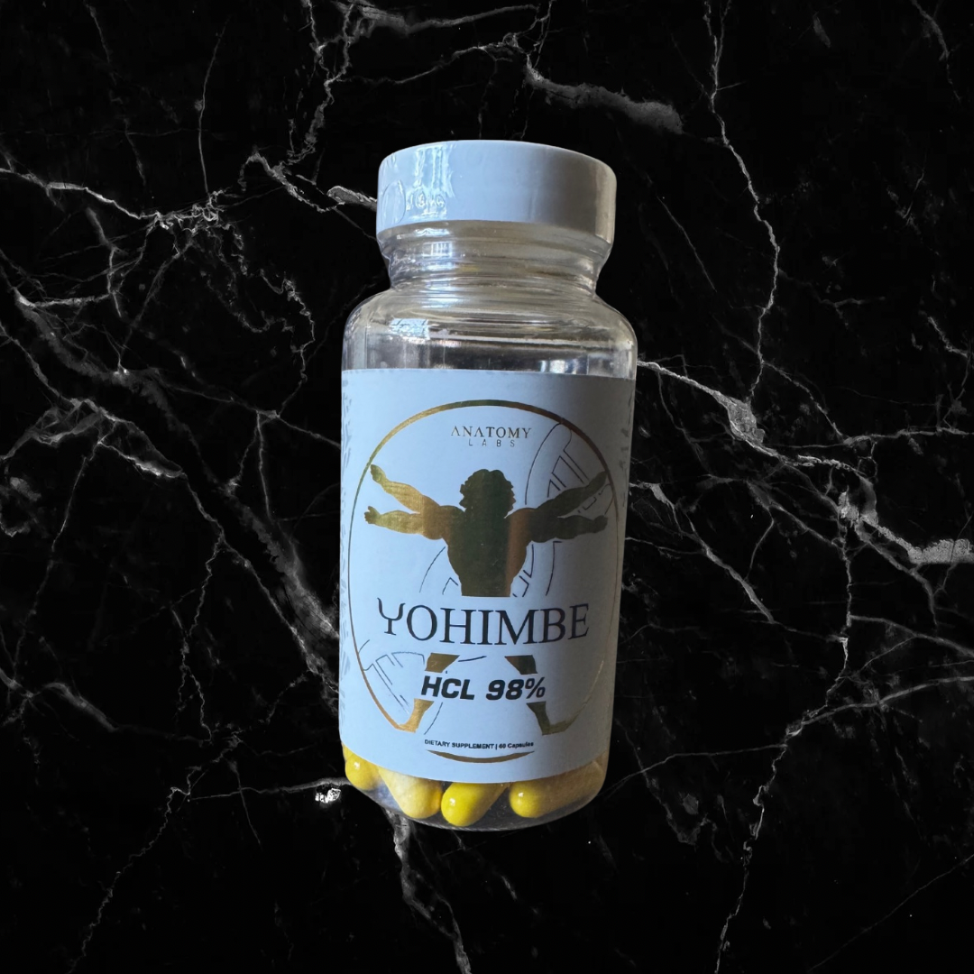 Anatomy Labs Yoh-HCL 98% supplement bottle with yellow capsules, promoting aphrodisiac and fat-burning benefits for fitness and health.