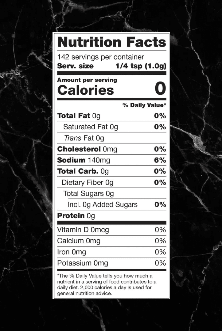 Nutrition label for Bonfire Butter Seasoning - Smokey Depth Spice showing zero calories, fat, sugar, and sodium per 1g serving.