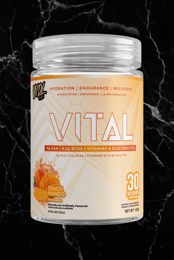 VNDL Project Vital Peach Mango flavor EAA BCAA Hydration Recovery formula with electrolytes and vitamins B6, B12 for post-workout support.