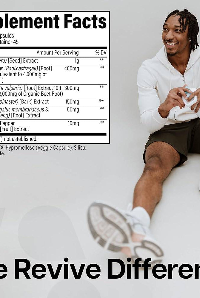 Supplement Facts label for Revive Kidney Supplement. Includes grape, astragalus, beetroot, pine bark, and Bioperine® for kidney health support.