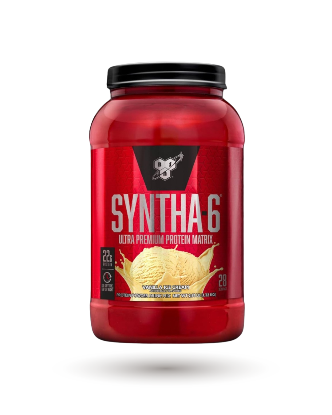 BSN SYNTHA-6 Premium Protein in Vanilla Ice Cream flavor, 28 servings whey protein powder with 22g protein per serving, ideal for fitness nutrition.