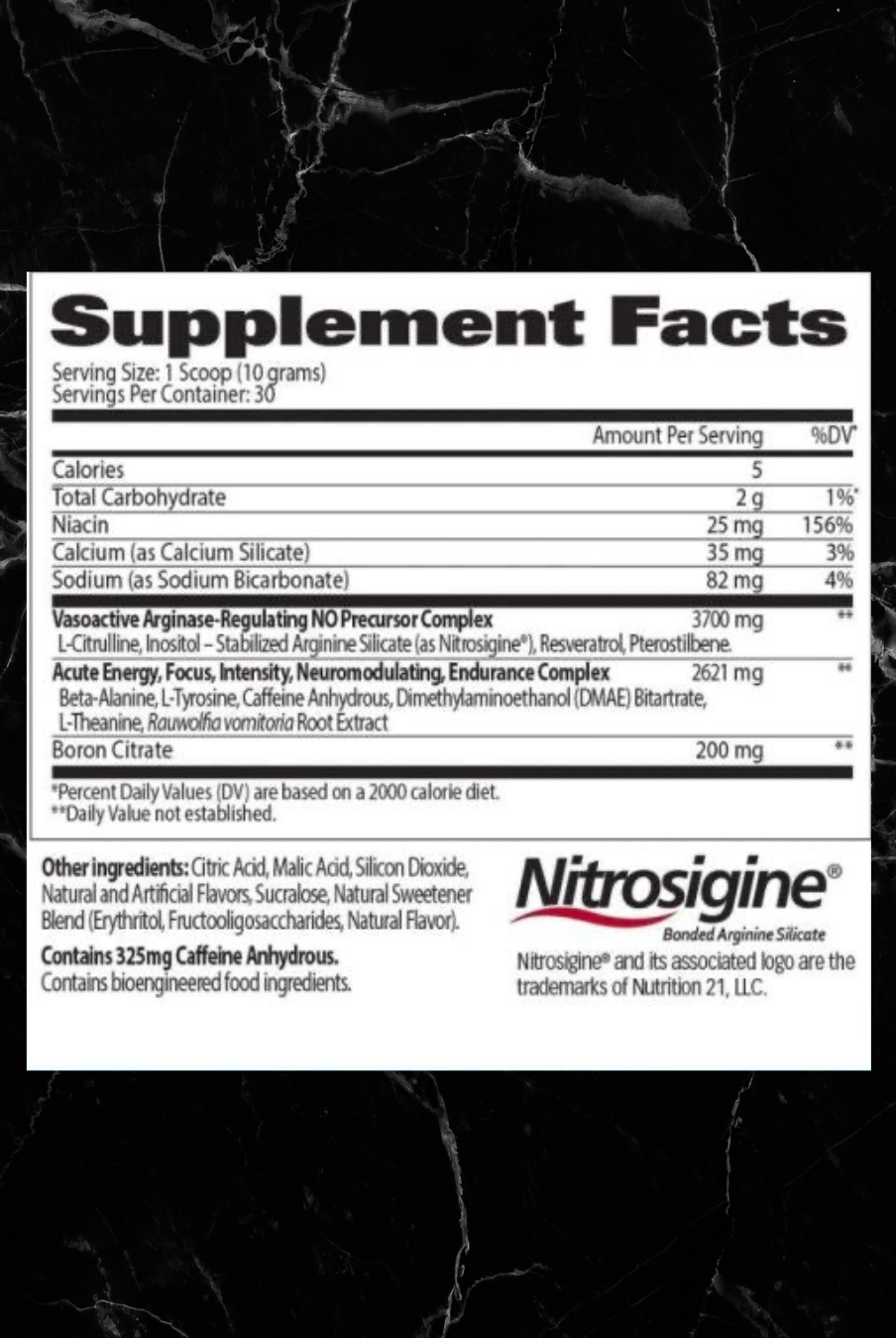 Supplement facts label for Nitraflex Advanced Pre Workout, detailing ingredients like Nitrosigine, caffeine, and L-citrulline.