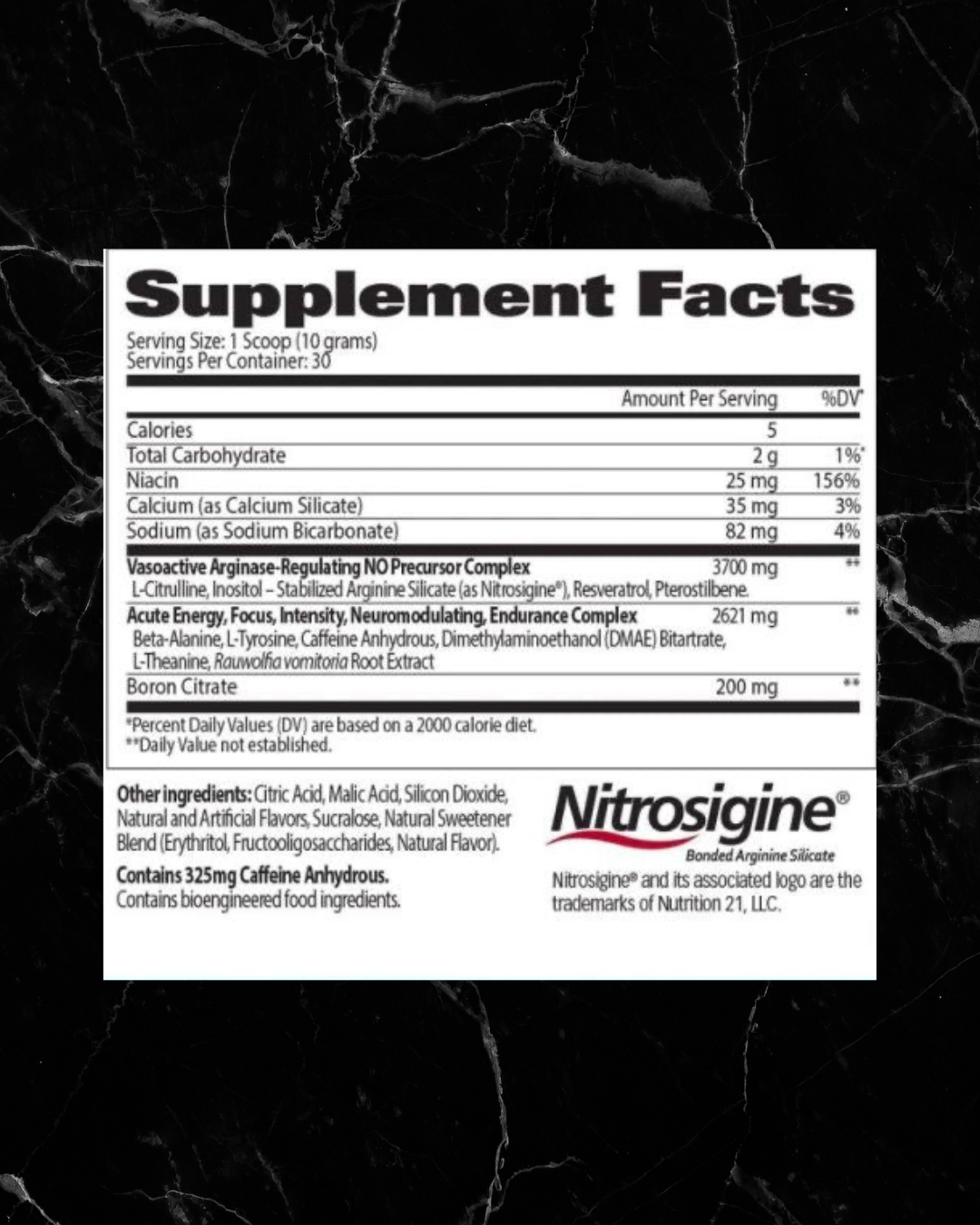 Supplement facts label for Nitraflex Advanced Pre Workout, detailing ingredients like Nitrosigine, caffeine, and L-citrulline.
