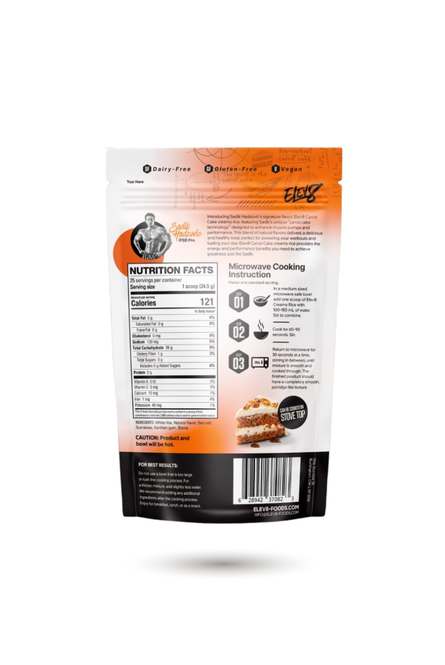 Back of ELEV8 Creamy Rice Carrot Cake pouch featuring Sadik Hadzovic. Includes nutrition info and microwave prep for fitness nutrition.