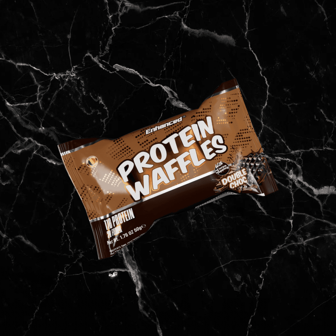 Enhanced Protein Waffles Double Choc Chip flavor in brown packaging, high protein snack with rich chocolate taste and 11g protein.