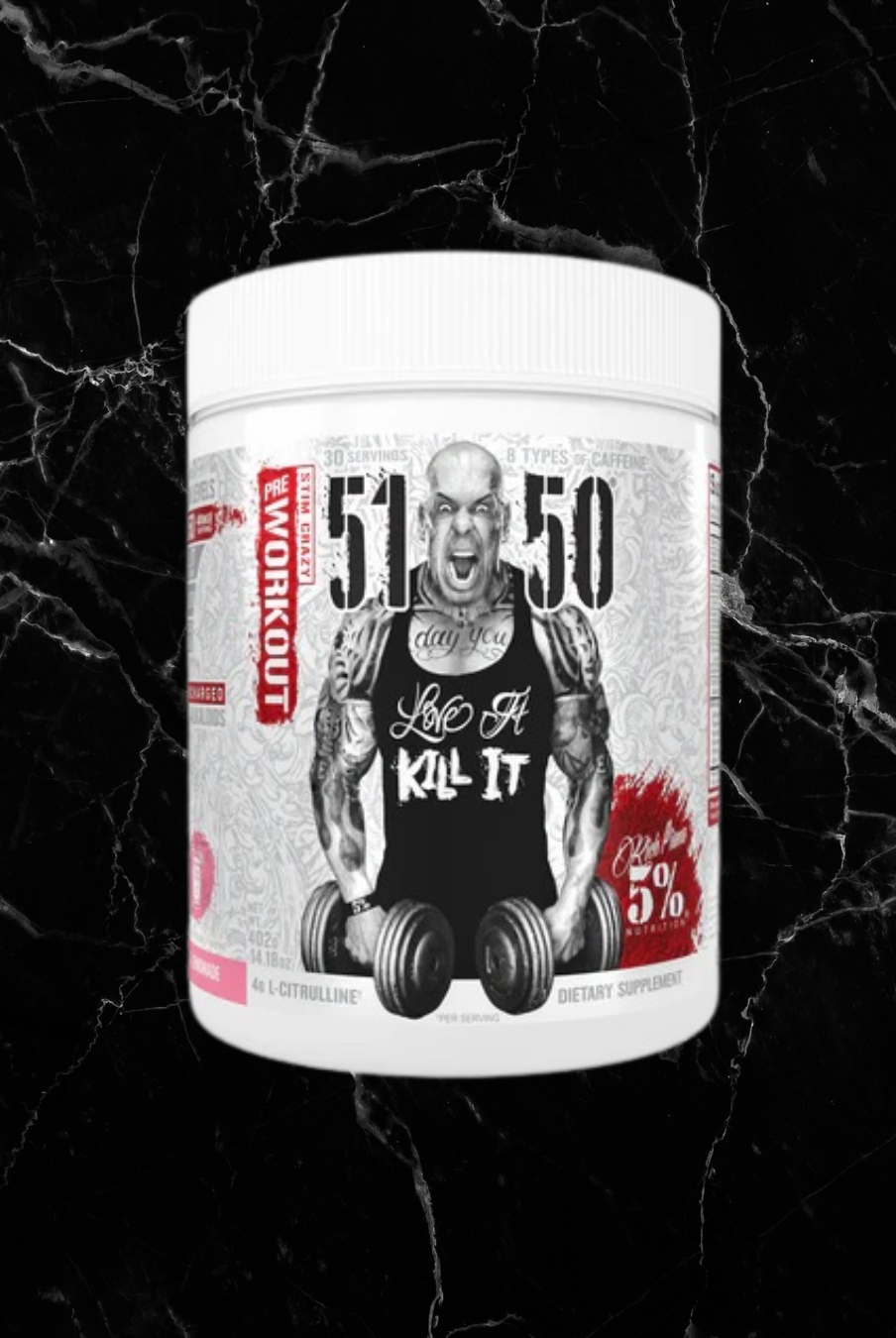 Rich Piana 5% Nutrition 5150 Pre-Workout in Pink Lemonade flavor, designed for intense focus and endurance with high caffeine content.