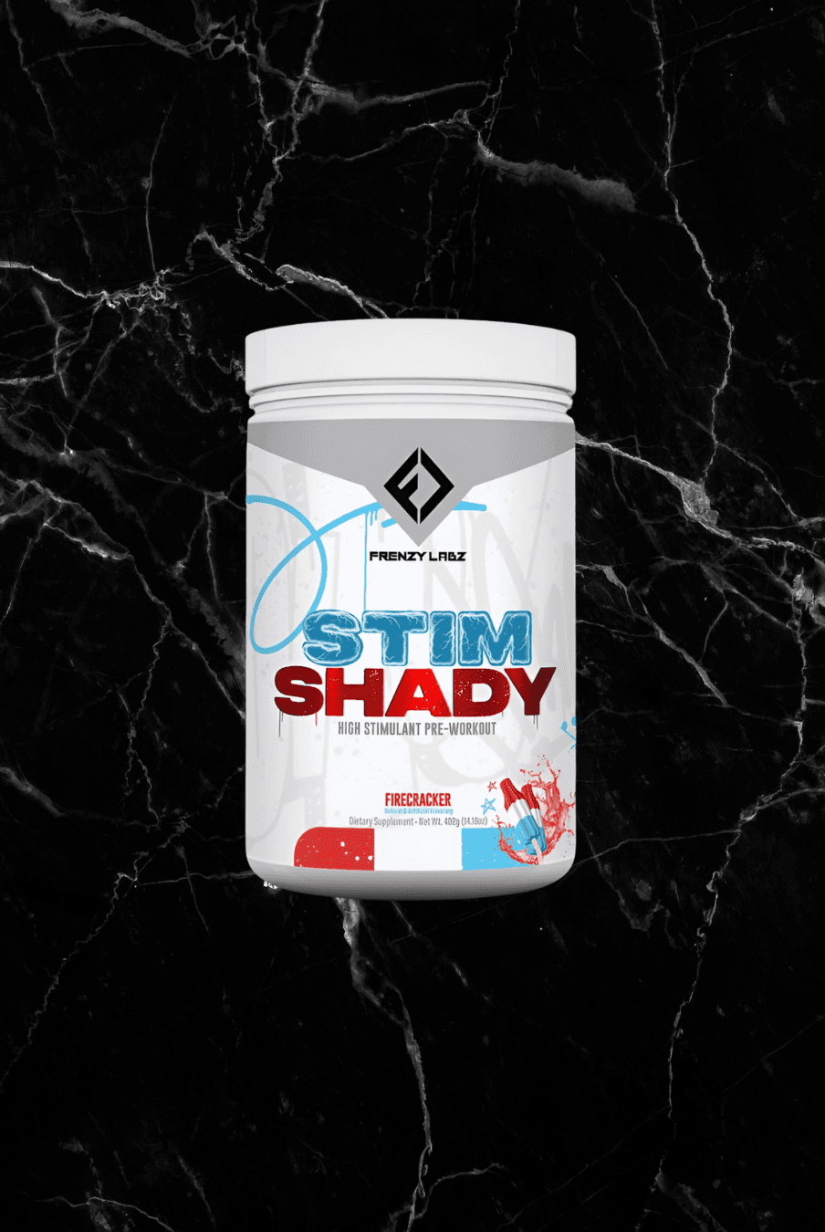 Frenzy Labz Stim Shady Pre Workout in Firecracker flavor, high stimulant formula for energy and focus, Health & Beauty supplement.