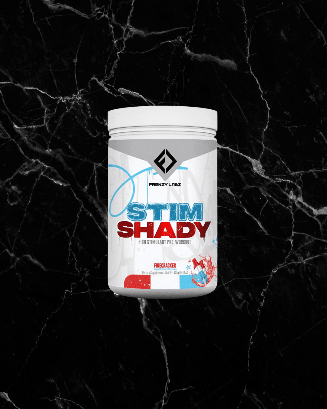 Frenzy Labz Stim Shady Pre Workout in Firecracker flavor, high stimulant formula for energy and focus, Health & Beauty supplement.