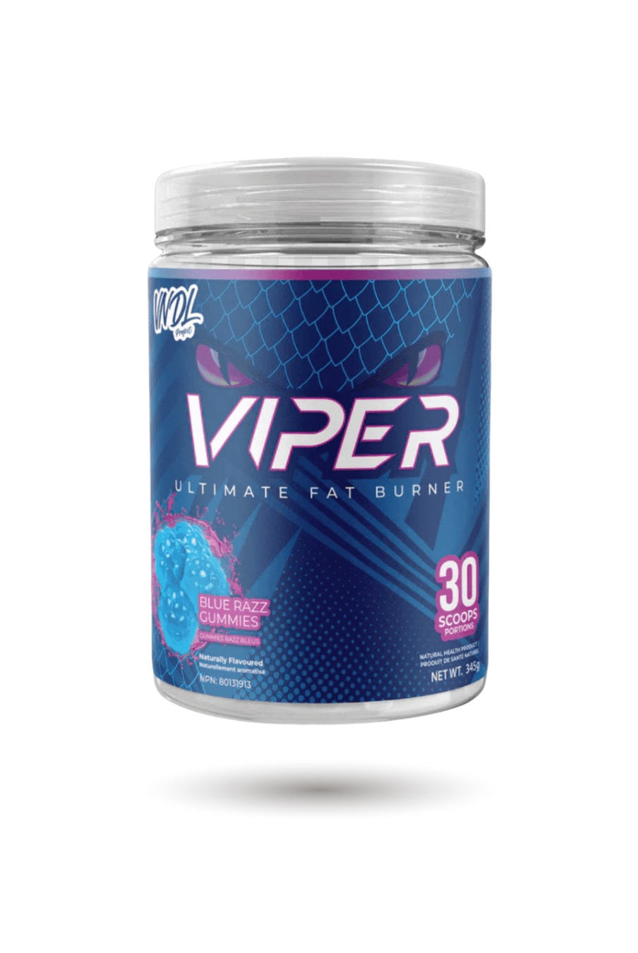 VNDL Project Viper Blue Razz Gummies fat burner supplement, 30 scoops, supports energy, metabolism, and fat burning during workouts.