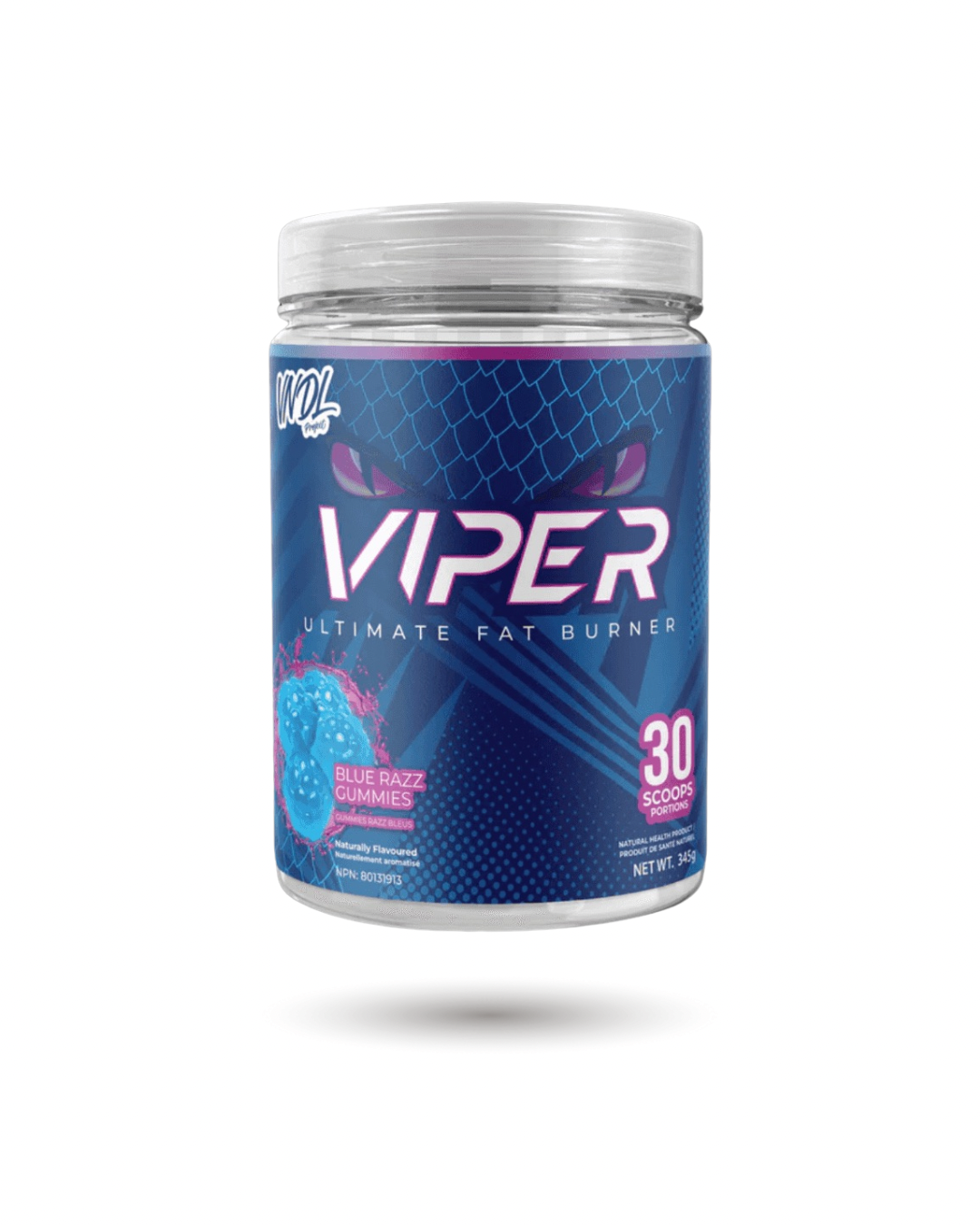 VNDL Project Viper Blue Razz Gummies fat burner supplement, 30 scoops, supports energy, metabolism, and fat burning during workouts.