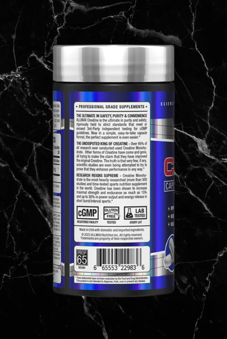 ALLMAX Creatine 3000 rear packaging with product description, barcode, and certifications. Premium creatine monohydrate capsules for athletes.