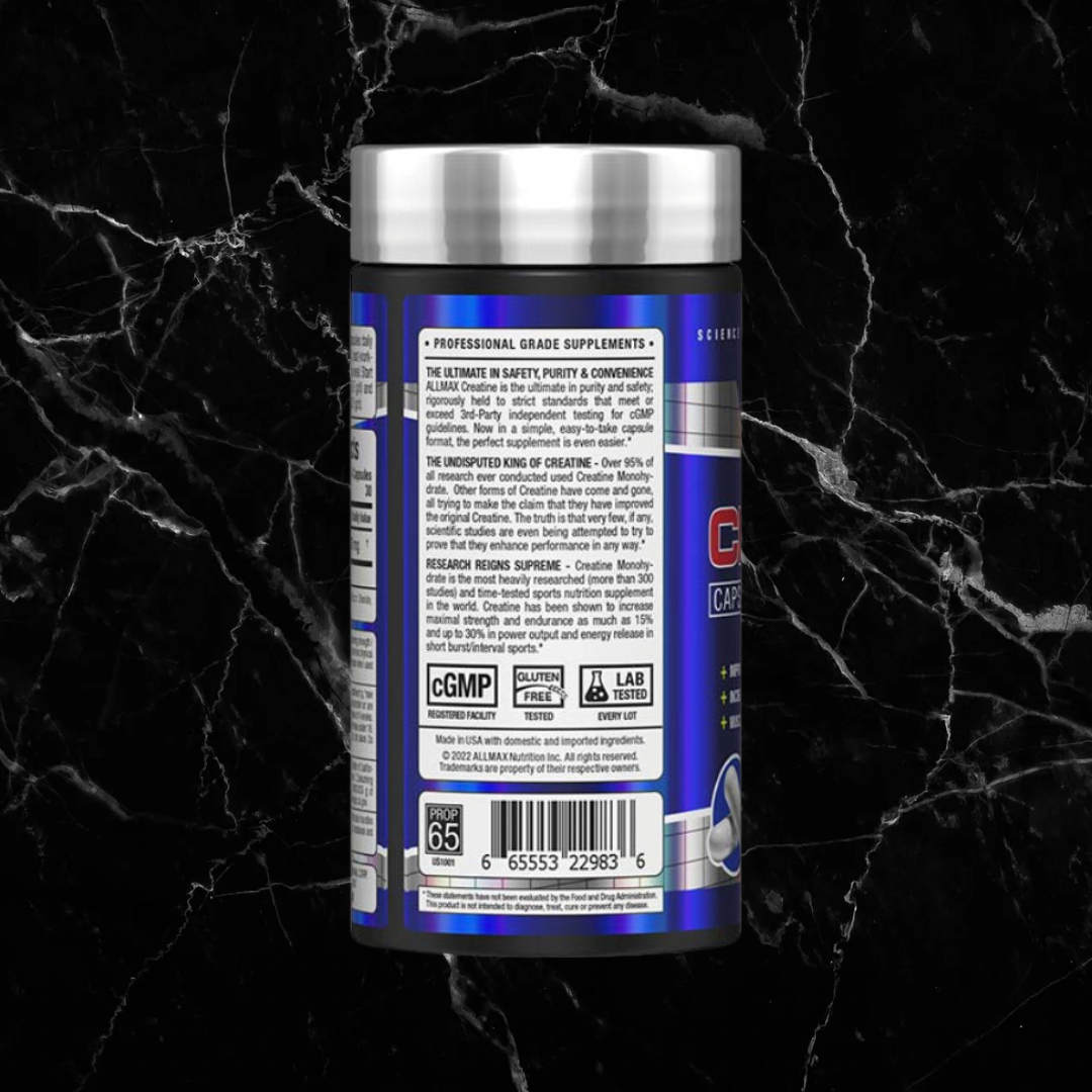 ALLMAX Creatine 3000 rear packaging with product description, barcode, and certifications. Premium creatine monohydrate capsules for athletes.