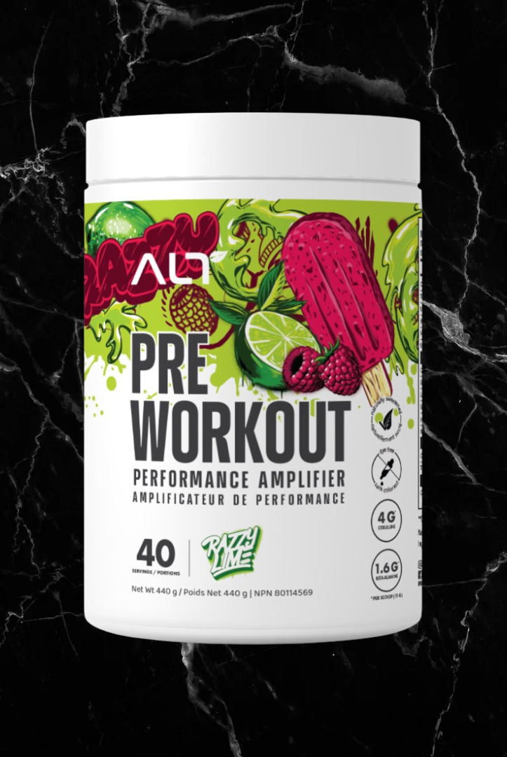 ALT Pre-Workout Razzy Lime flavour featuring vibrant lime and raspberry artwork. Natural pre-workout supplement for clean energy and focus.