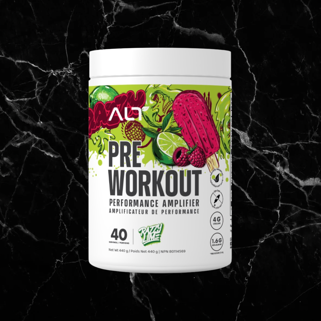 ALT Pre-Workout Razzy Lime flavour featuring vibrant lime and raspberry artwork. Natural pre-workout supplement for clean energy and focus.