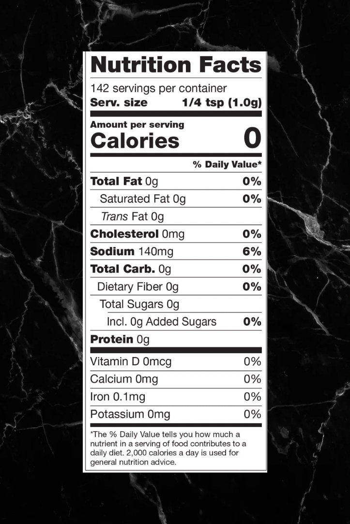 Nutrition label for Electric Lime Seasoning showing zero calories, fat, sugar, and carbs per 1g serving. Perfect guilt-free citrus spice option.