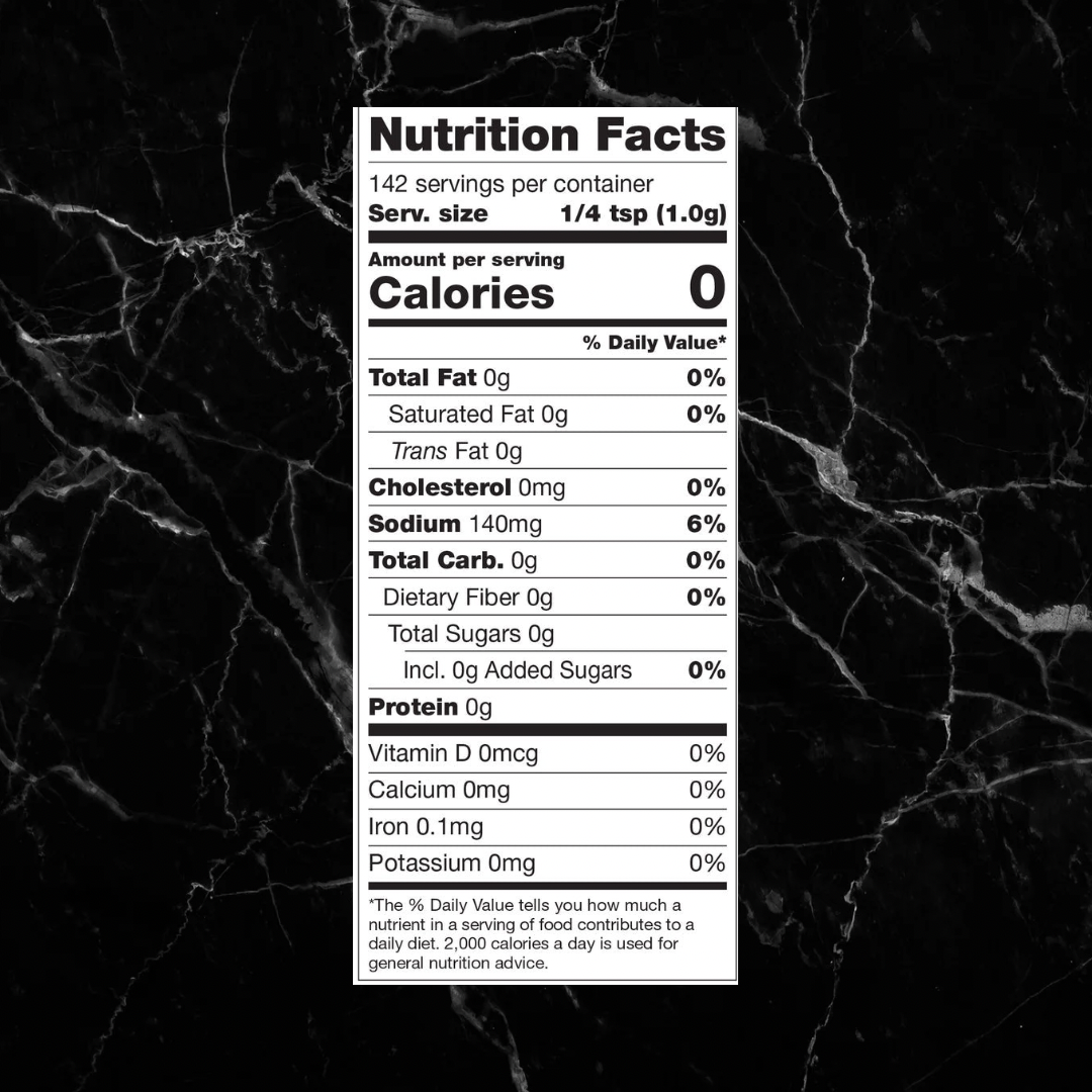 Nutrition label for Electric Lime Seasoning showing zero calories, fat, sugar, and carbs per 1g serving. Perfect guilt-free citrus spice option.