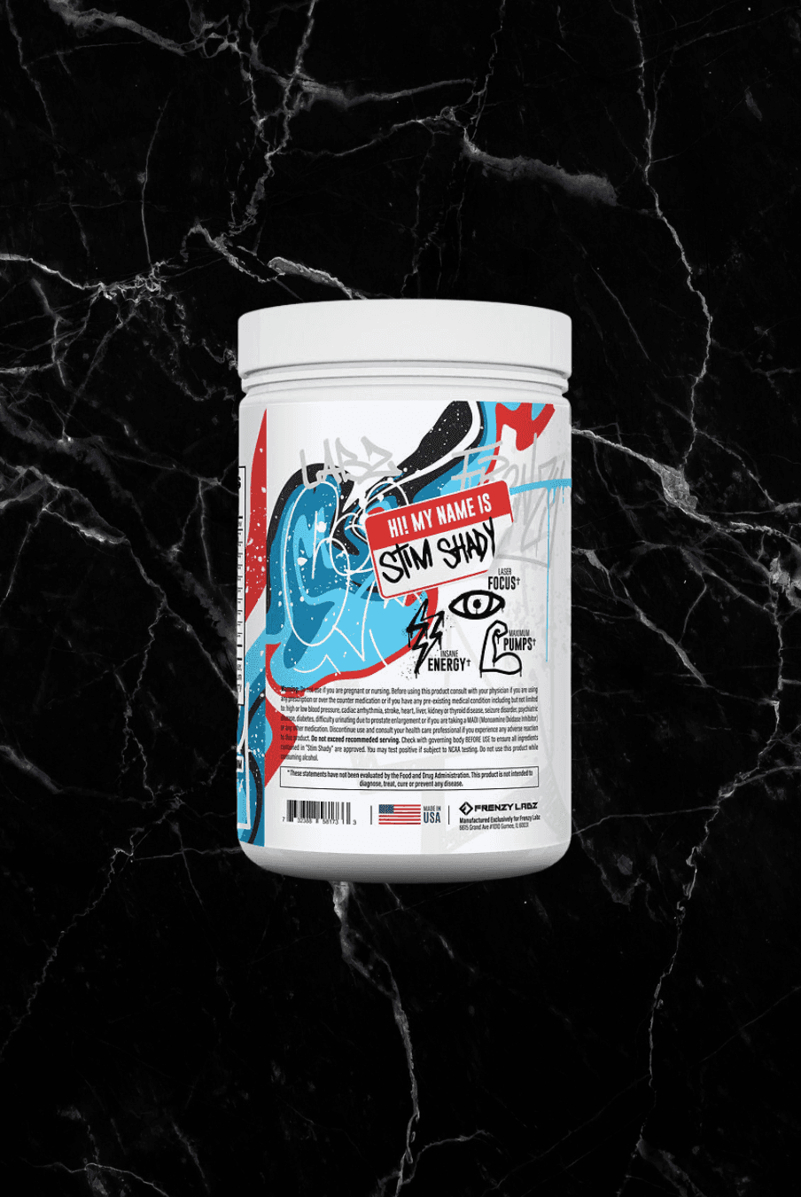 Back label of Stim Shady Pre Workout Firecracker flavor showing supplement facts, energy and focus benefits, by Frenzy Labz.
