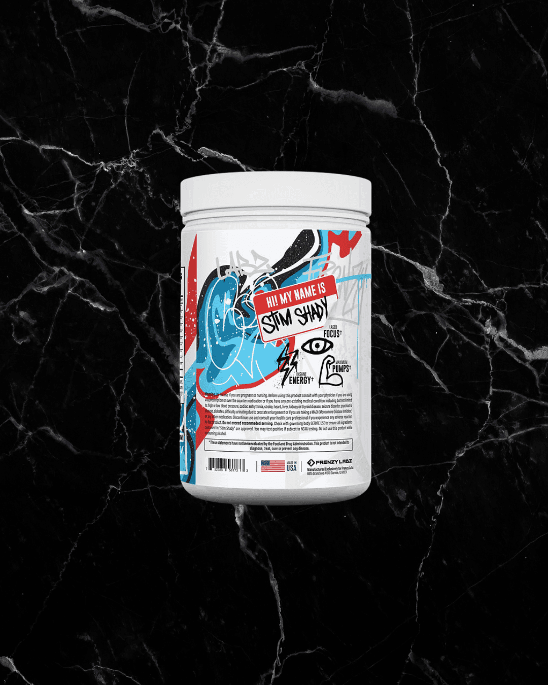 Back label of Stim Shady Pre Workout Firecracker flavor showing supplement facts, energy and focus benefits, by Frenzy Labz.