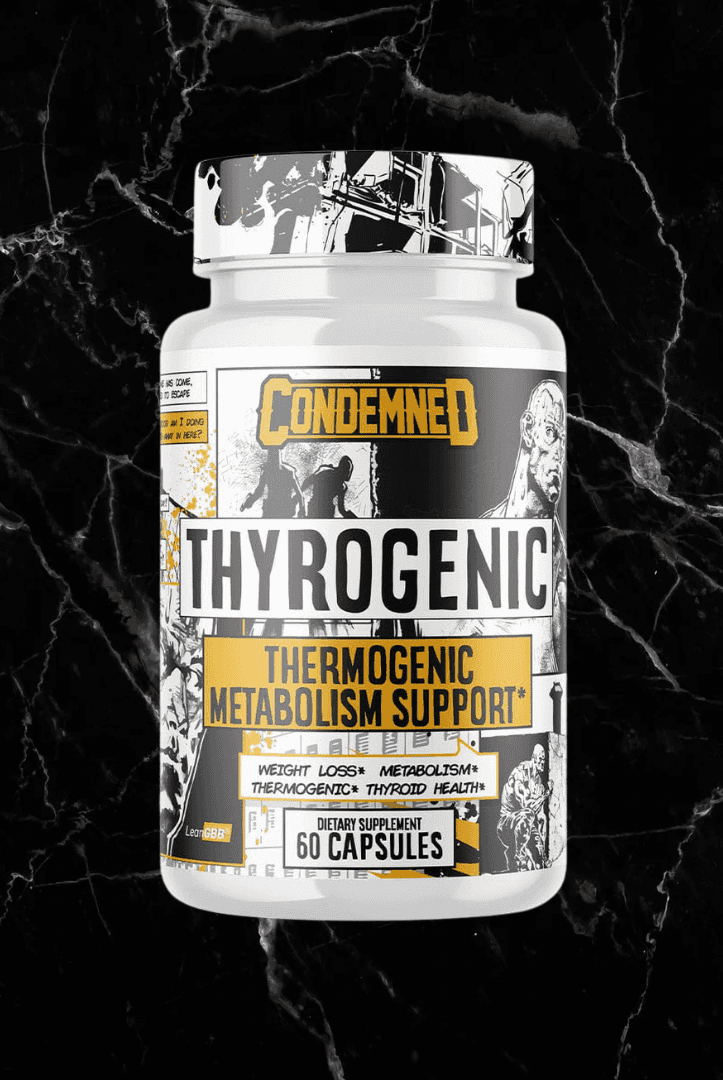 Condemned Thyrogenic stimulant-free thyroid support supplement bottle with bold label promoting metabolism boost and thermogenic benefits.