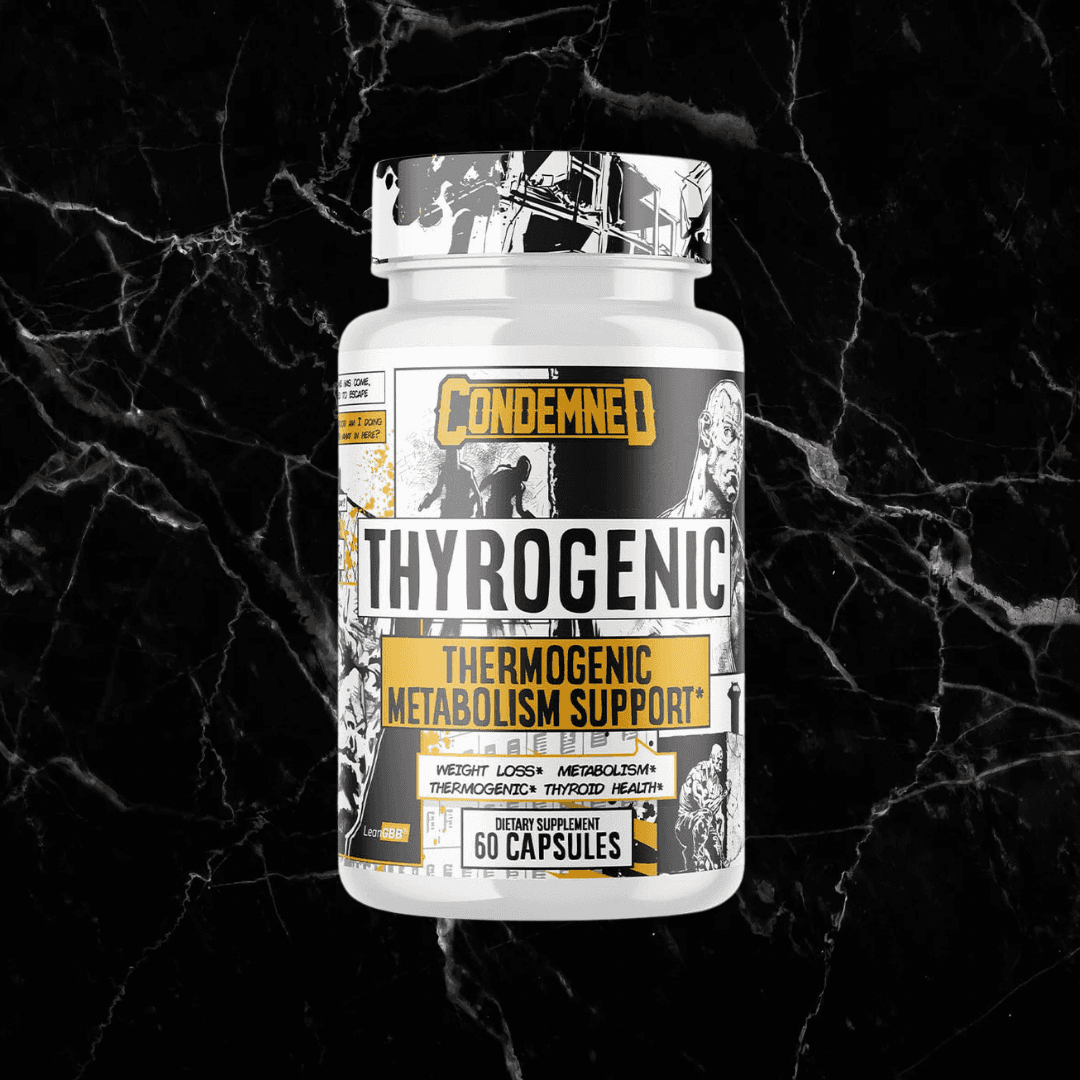 Condemned Thyrogenic stimulant-free thyroid support supplement bottle with bold label promoting metabolism boost and thermogenic benefits.